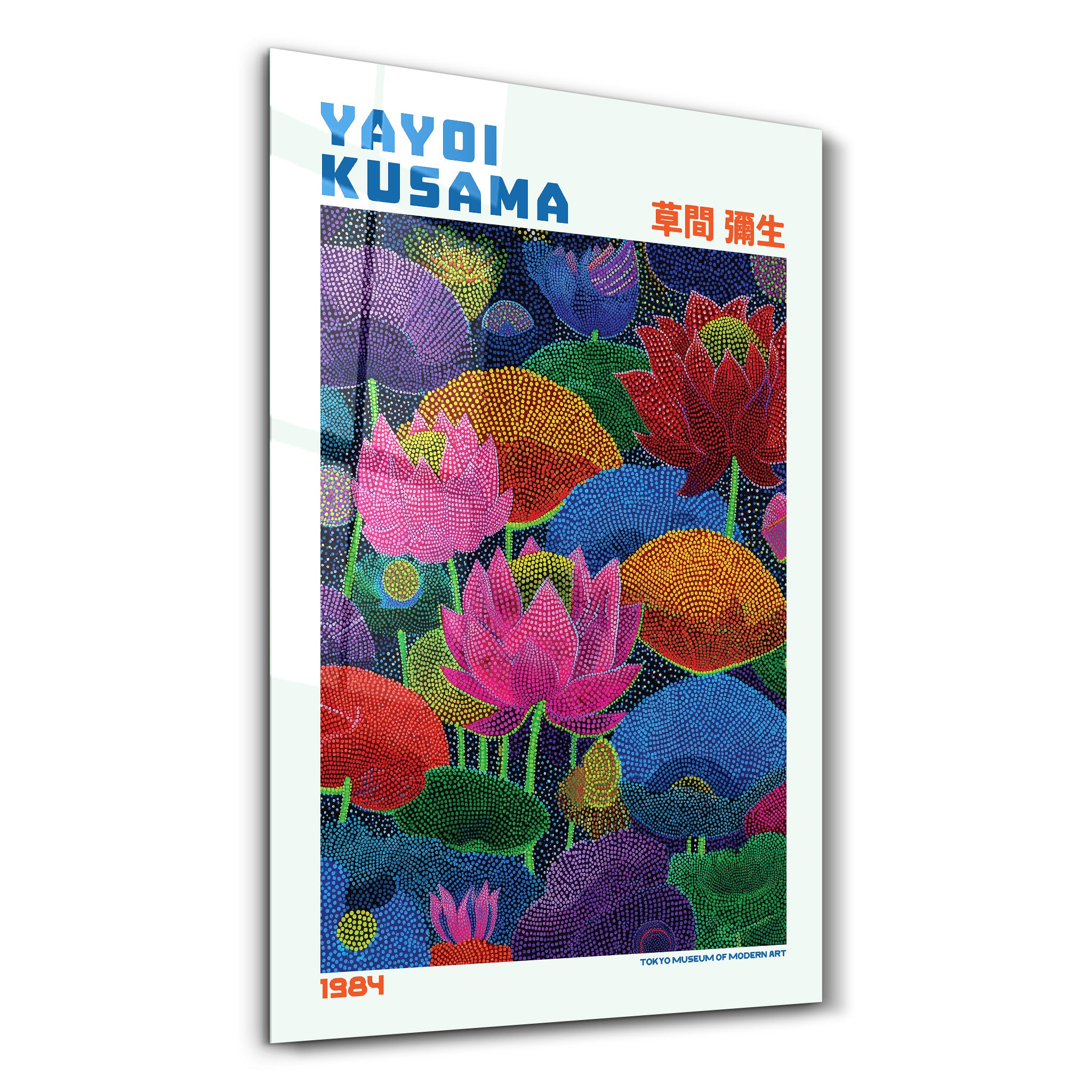 Glass wall art by Artdesigna featuring Yayoi Kusama's Infinite Lotus Garden design, showcasing vibrant floral patterns on glass.