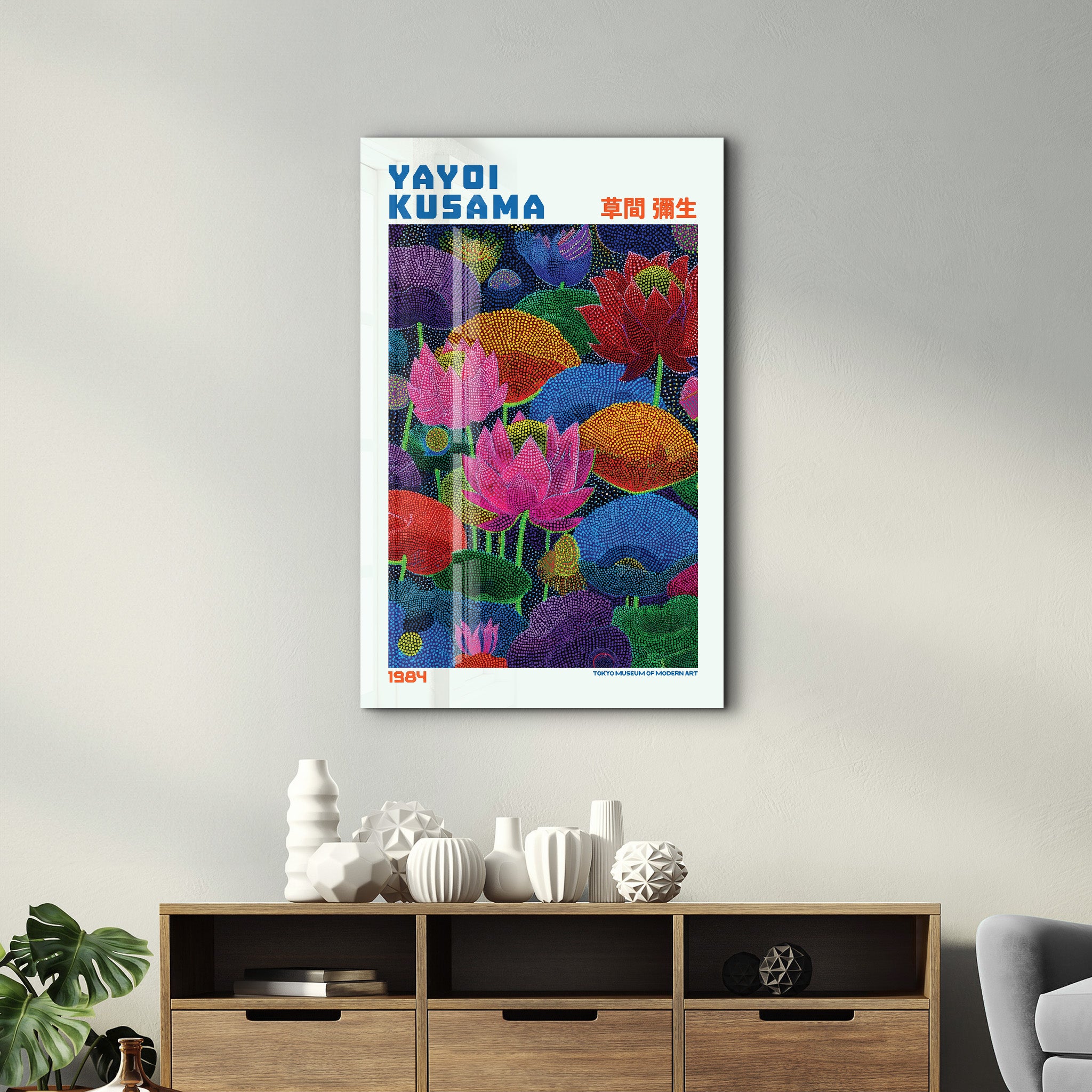 Yayoi Kusama Infinite Lotus Garden glass wall art by Artdesigna featuring vibrant lotus flower designs on clear glass.