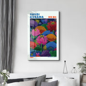 Glass wall art titled Yayoi Kusama Infinite Lotus Garden by Artdesigna, featuring intricate lotus flower designs on clear glass.