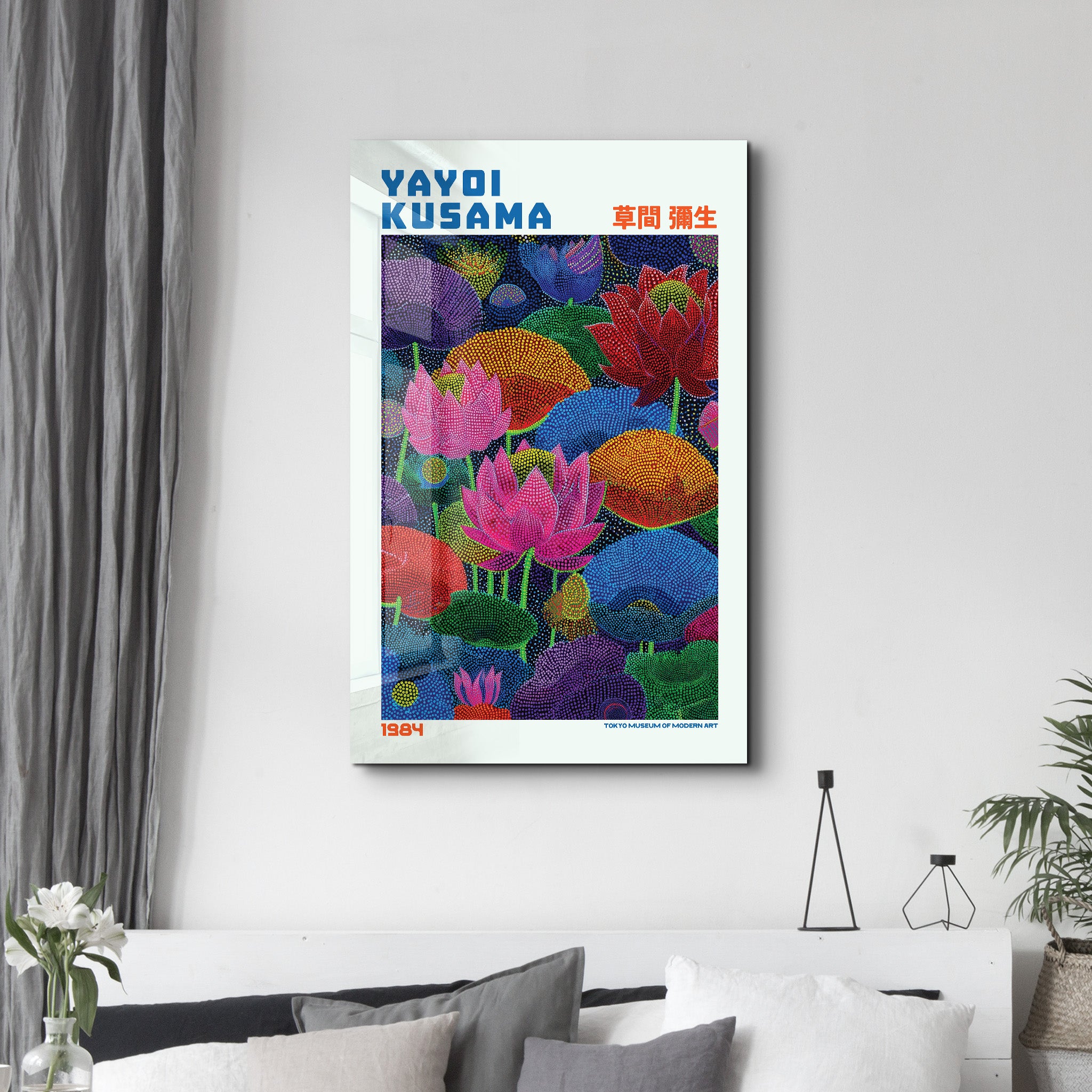 Glass wall art titled Yayoi Kusama Infinite Lotus Garden by Artdesigna, featuring intricate lotus flower designs on clear glass.