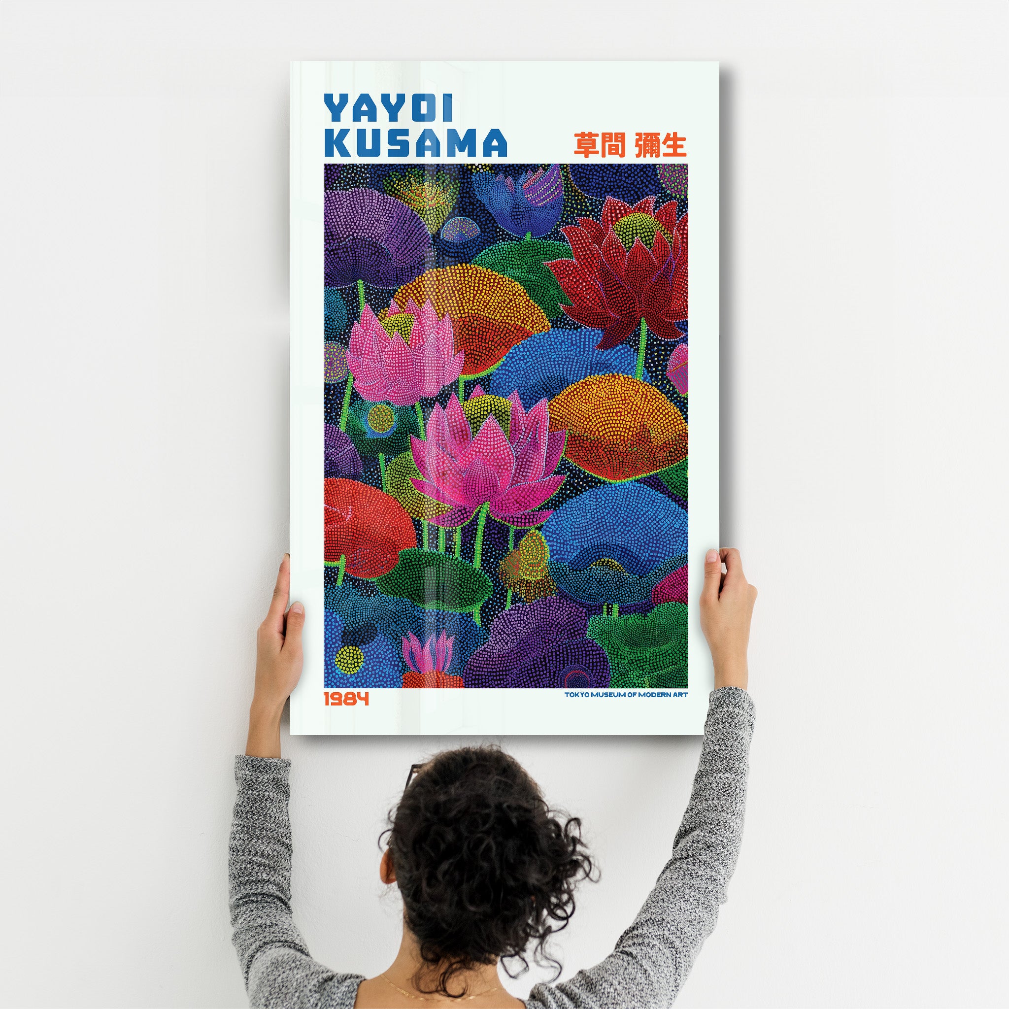 Yayoi Kusama Infinite Lotus Garden glass wall art by Artdesigna featuring vibrant, intricate lotus flower design on clear glass.