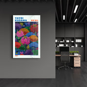 Yayoi Kusama Infinite Lotus Garden glass wall art by Artdesigna featuring vibrant lotus flower patterns on a clear glass panel.