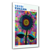 Glass wall art by Artdesigna featuring Yayoi Kusama's Radiant Sunflower Cosmos design in vibrant glass.