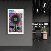 Yayoi Kusama Radiant Sunflower Cosmos glass wall art by Artdesigna featuring vibrant sunflower and cosmos design on clear glass.