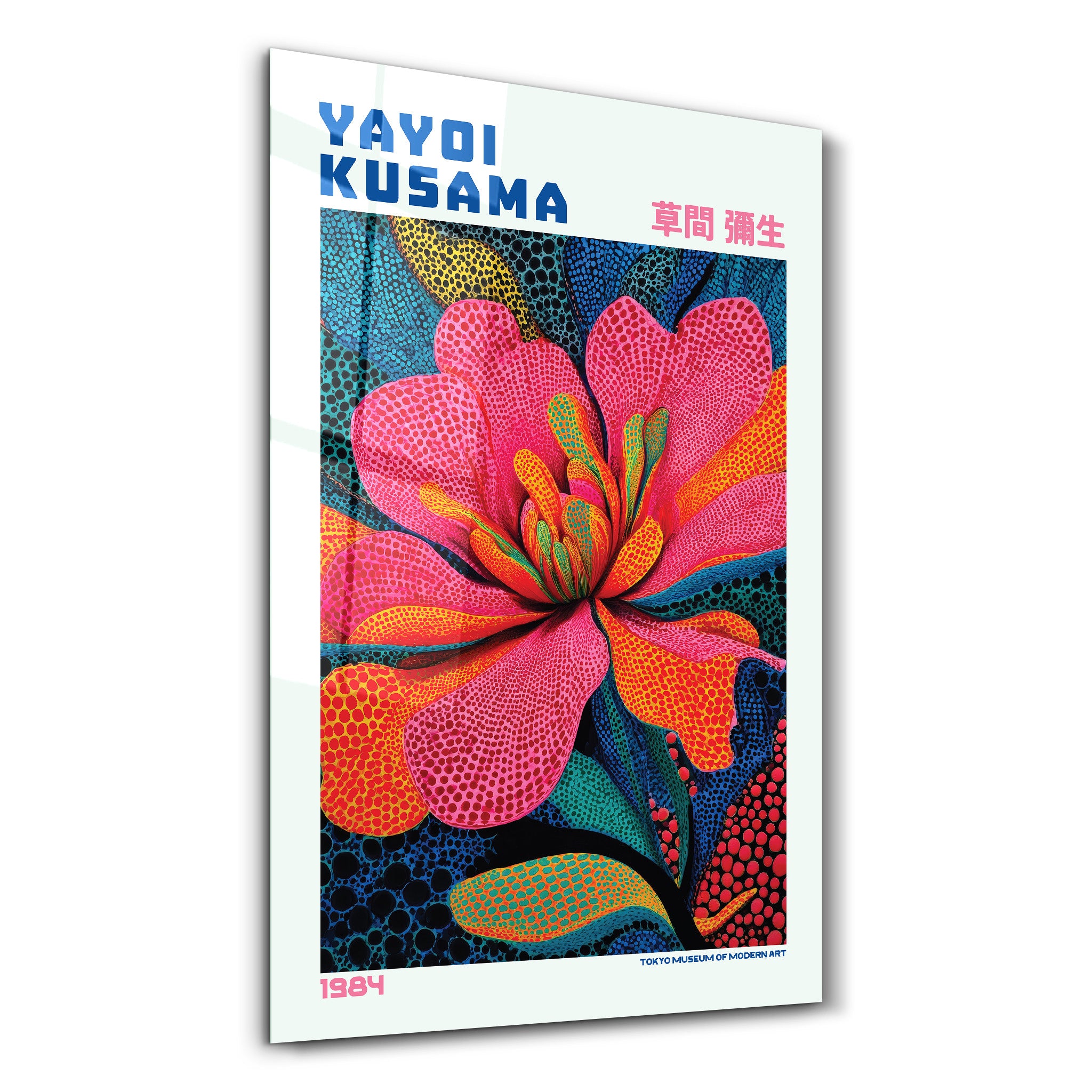 Colorful Yayoi Kusama Electric Blossom glass wall art by Artdesigna featuring vibrant, intricate floral design on transparent glass.
