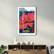 Glass wall art by Artdesigna featuring Yayoi Kusama's Electric Blossom (1984) with vibrant, colorful glass floral design.