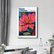 Yayoi Kusama Electric Blossom glass wall art by Artdesigna, featuring vibrant, colorful floral design on clear glass panel.