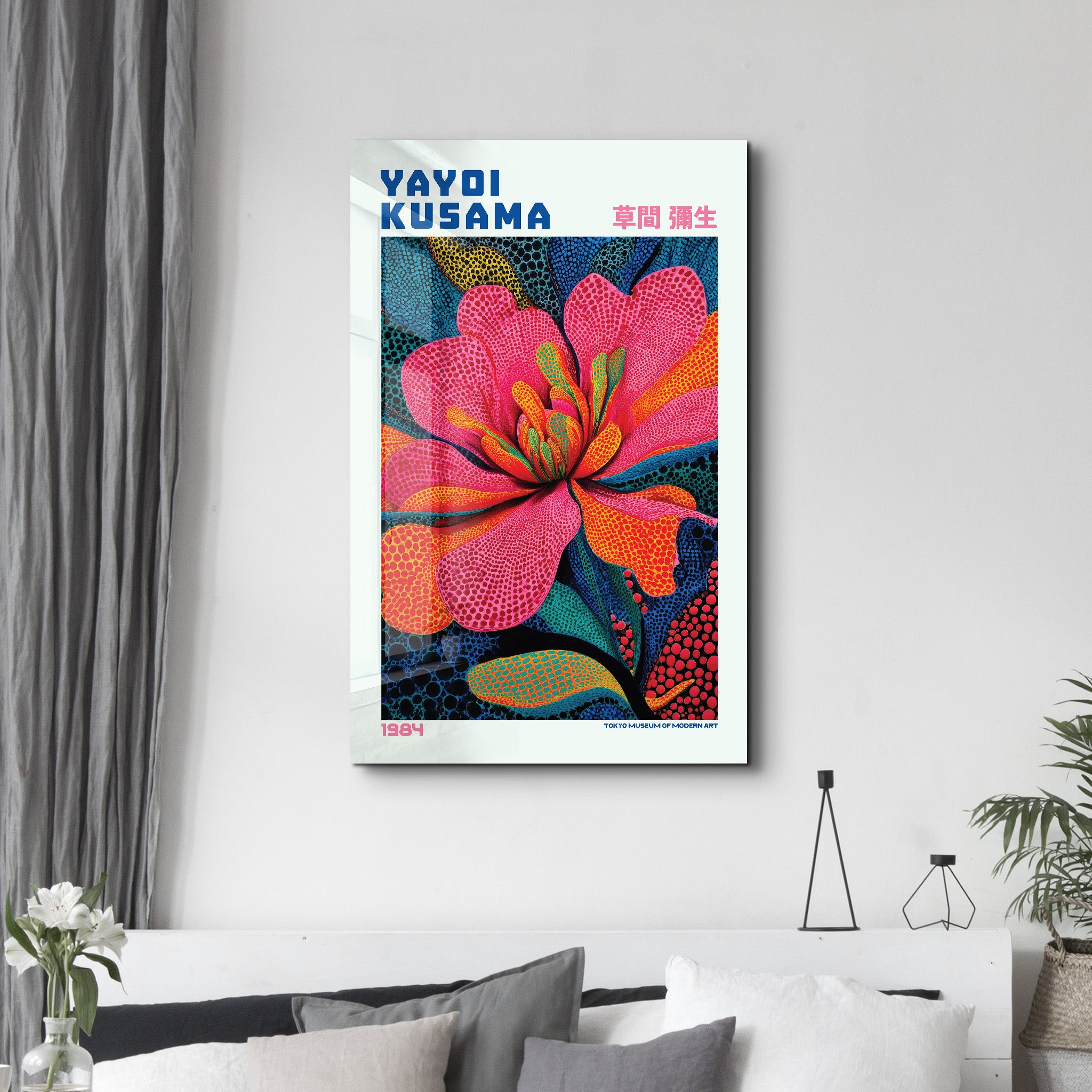 Yayoi Kusama Electric Blossom glass wall art by Artdesigna, featuring vibrant, colorful floral design on clear glass panel.