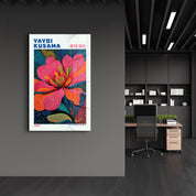 Yayoi Kusama Electric Blossom glass wall art by Artdesigna featuring vibrant, colorful floral designs on clear glass background