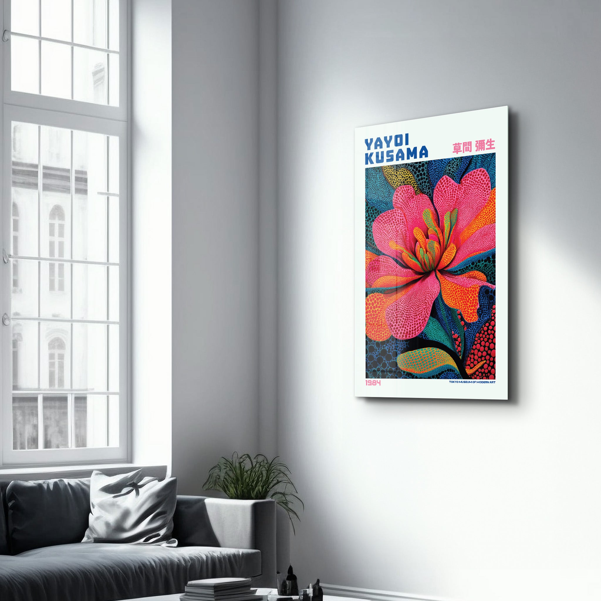 Yayoi Kusama Electric Blossom glass wall art by Artdesigna featuring vibrant, colorful floral design on clear glass panel.