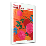 Yayoi Kusama Scarlet Bloom Garden glass wall art by Artdesigna featuring vibrant red floral design on clear glass surface.