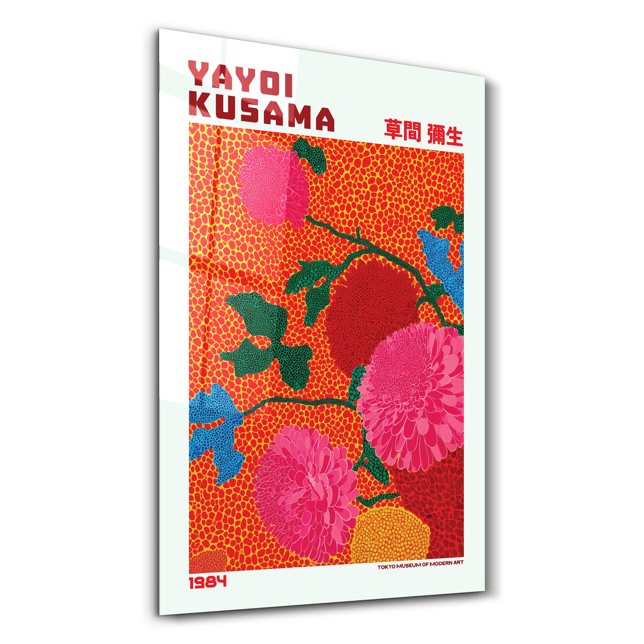 Yayoi Kusama Scarlet Bloom Garden glass wall art by Artdesigna featuring vibrant red floral design on clear glass surface.