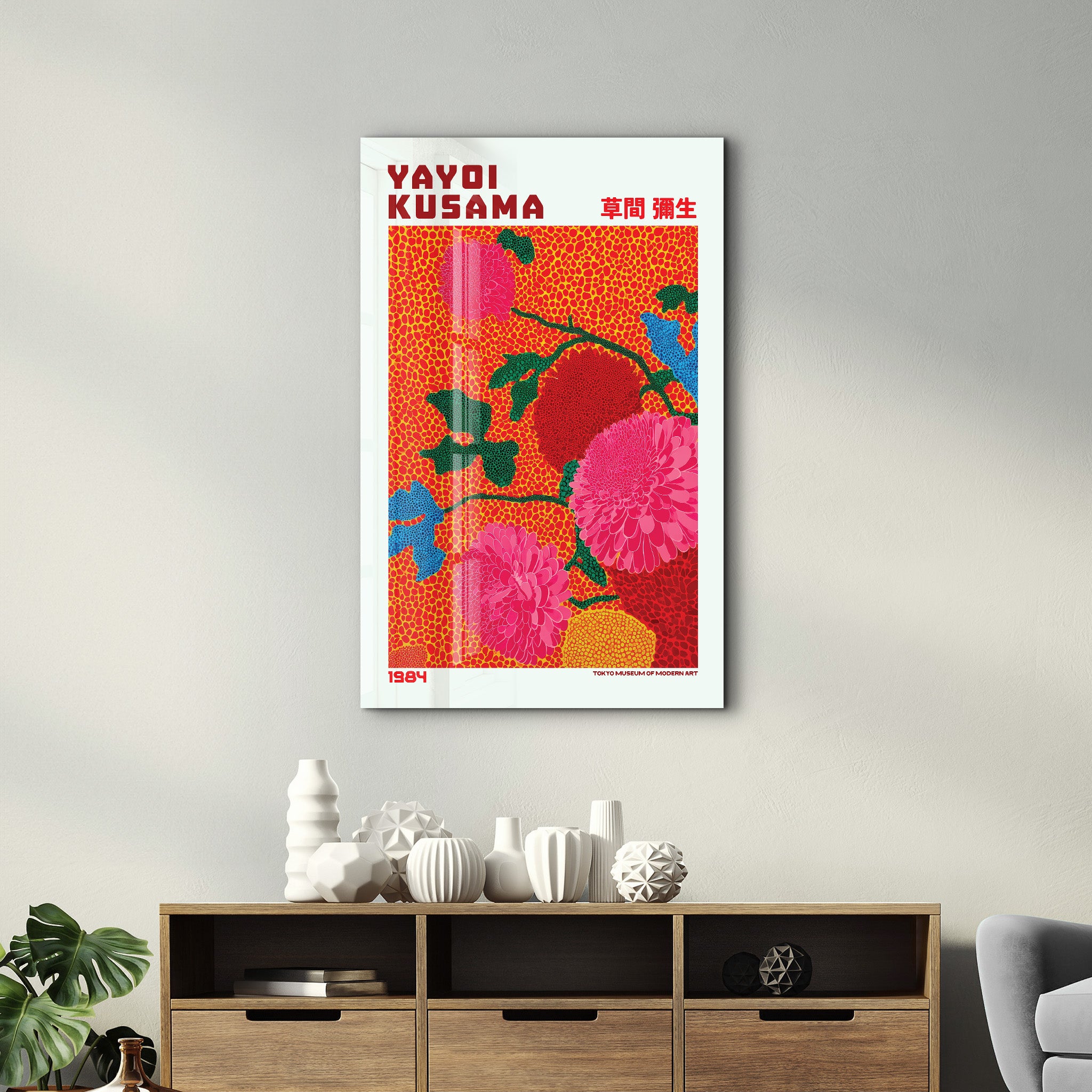 Glass wall art by Artdesigna featuring Yayoi Kusama Scarlet Bloom Garden design with vibrant red floral patterns on clear glass.
