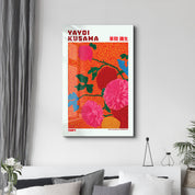 Glass wall art by Artdesigna featuring Yayoi Kusama's Scarlet Bloom Garden design, showcasing vibrant red floral patterns on glass.