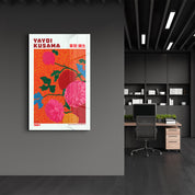 Yayoi Kusama Scarlet Bloom Garden glass wall art by Artdesigna showcasing vibrant red floral patterns on clear glass wall decor
