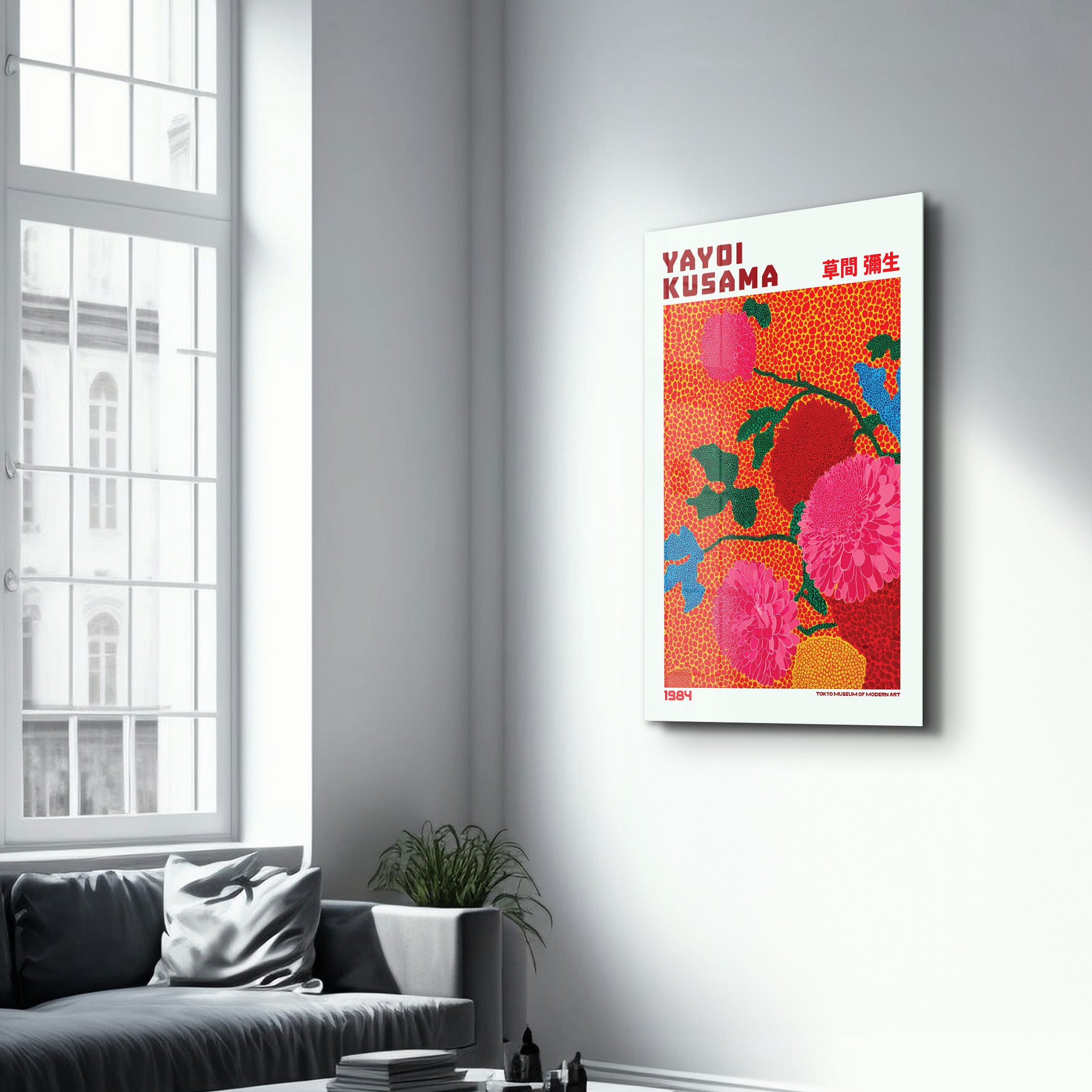 Glass wall art by Artdesigna featuring Yayoi Kusama's Scarlet Bloom Garden design with vibrant red floral patterns on clear glass.