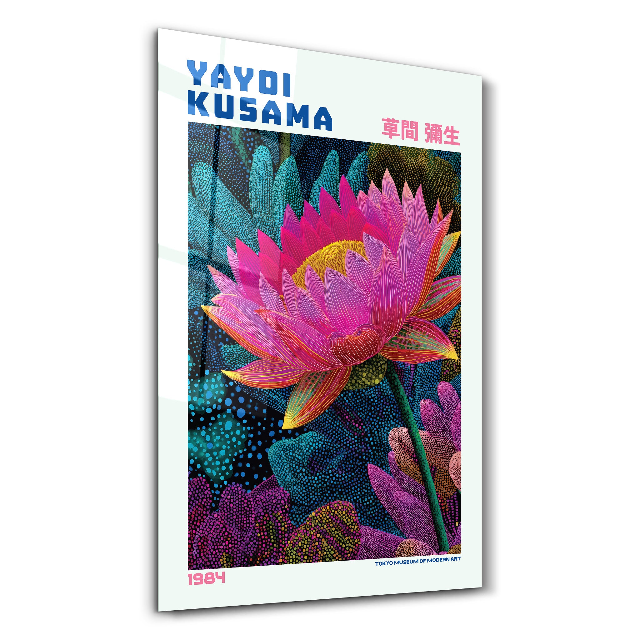 Yayoi Kusama Velvet Lotus glass wall art by Artdesigna showcasing vibrant colors and intricate floral design on clear glass surface.