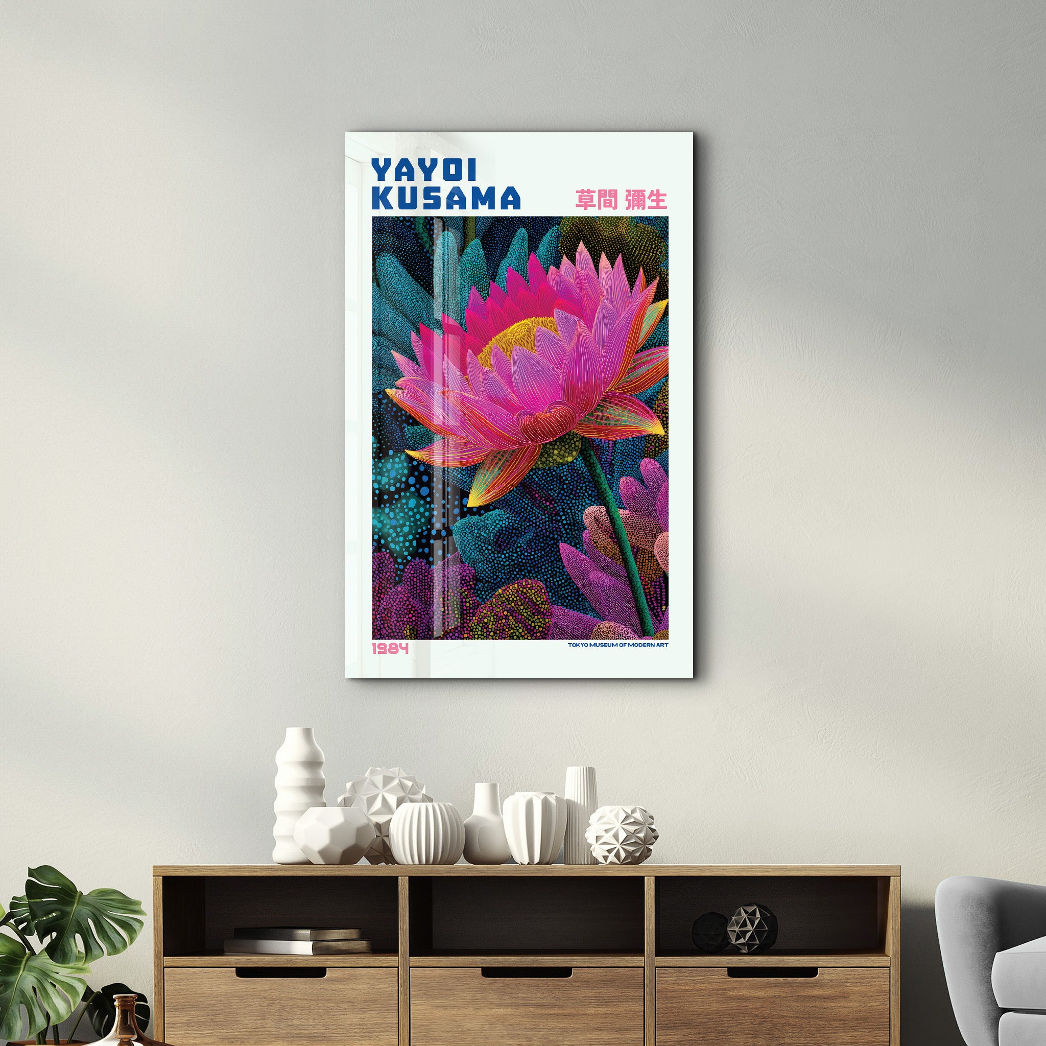 Yayoi Kusama Velvet Lotus glass wall art by Artdesigna, featuring vibrant colors and intricate floral design on clear glass.