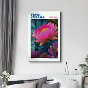 Yayoi Kusama Velvet Lotus glass wall art by Artdesigna featuring vibrant colors and intricate floral design on clear glass.