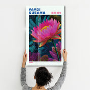 Yayoi Kusama Velvet Lotus glass wall art by Artdesigna featuring vibrant colors and intricate floral design on a transparent glass panel.