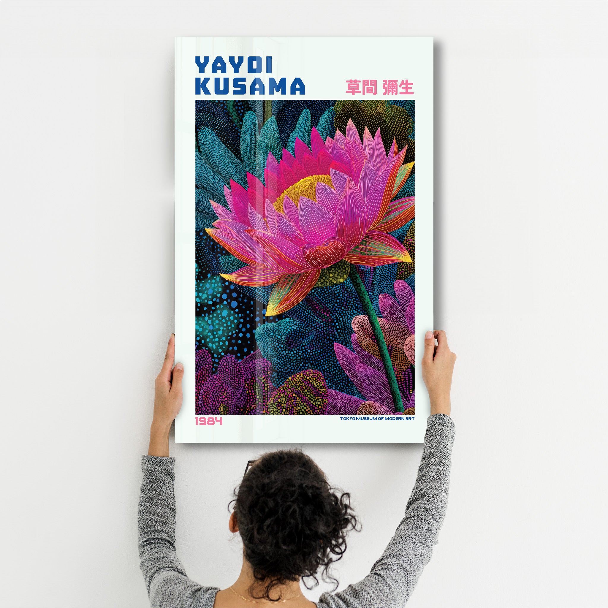 Yayoi Kusama Velvet Lotus glass wall art by Artdesigna featuring vibrant colors and intricate floral design on a transparent glass panel.
