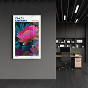 Yayoi Kusama Velvet Lotus glass wall art by Artdesigna featuring vibrant colors and intricate floral design for modern interior decor.