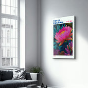 Yayoi Kusama Velvet Lotus glass wall art by Artdesigna featuring vibrant colors and intricate floral design on a clear glass panel.