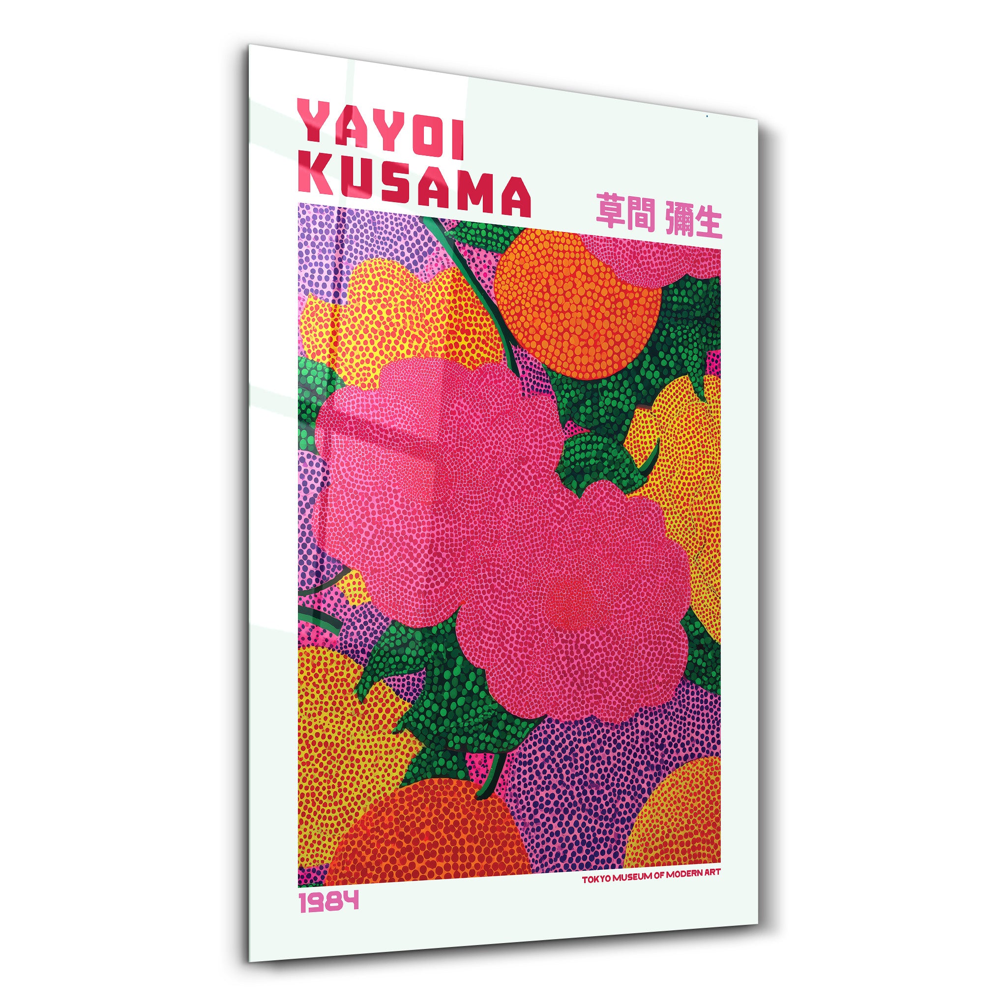 Pink Yayoi Kusama Reverie glass wall art by Artdesigna featuring vibrant abstract patterns and intricate glass details.