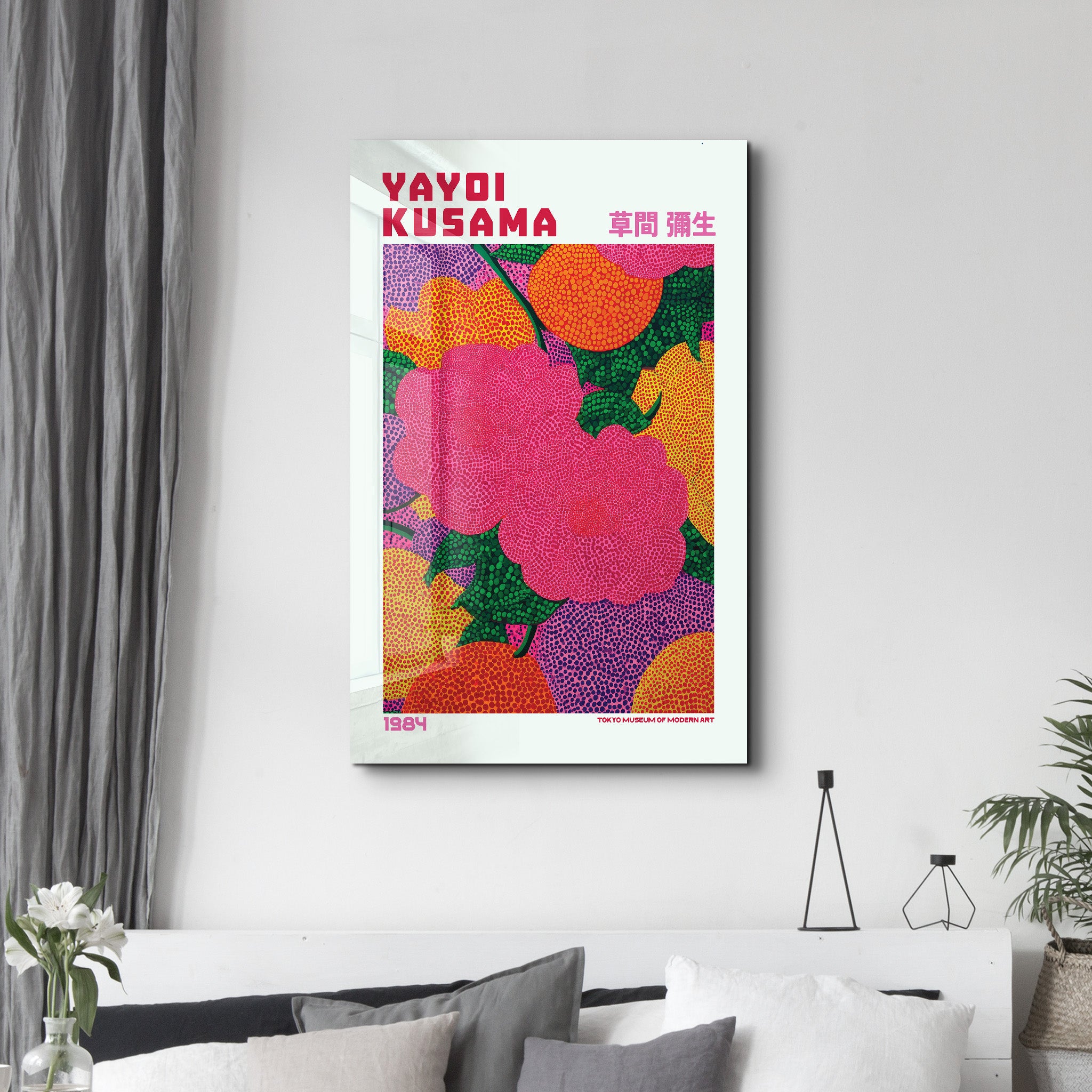 Yayoi Kusama Pink Reverie glass wall art by Artdesigna featuring vibrant pink abstract patterns on transparent glass.