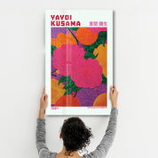 Pink Reverie glass wall art by Yayoi Kusama from Artdesigna, featuring vibrant pink abstract patterns on clear glass.