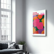 Pink Yayoi Kusama Reverie glass wall art by Artdesigna, featuring vibrant pink abstract patterns on clear glass.