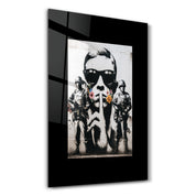 Glass wall art titled Silent Rebellion by Artdesigna featuring urban protest street art in vibrant colors on clear glass.