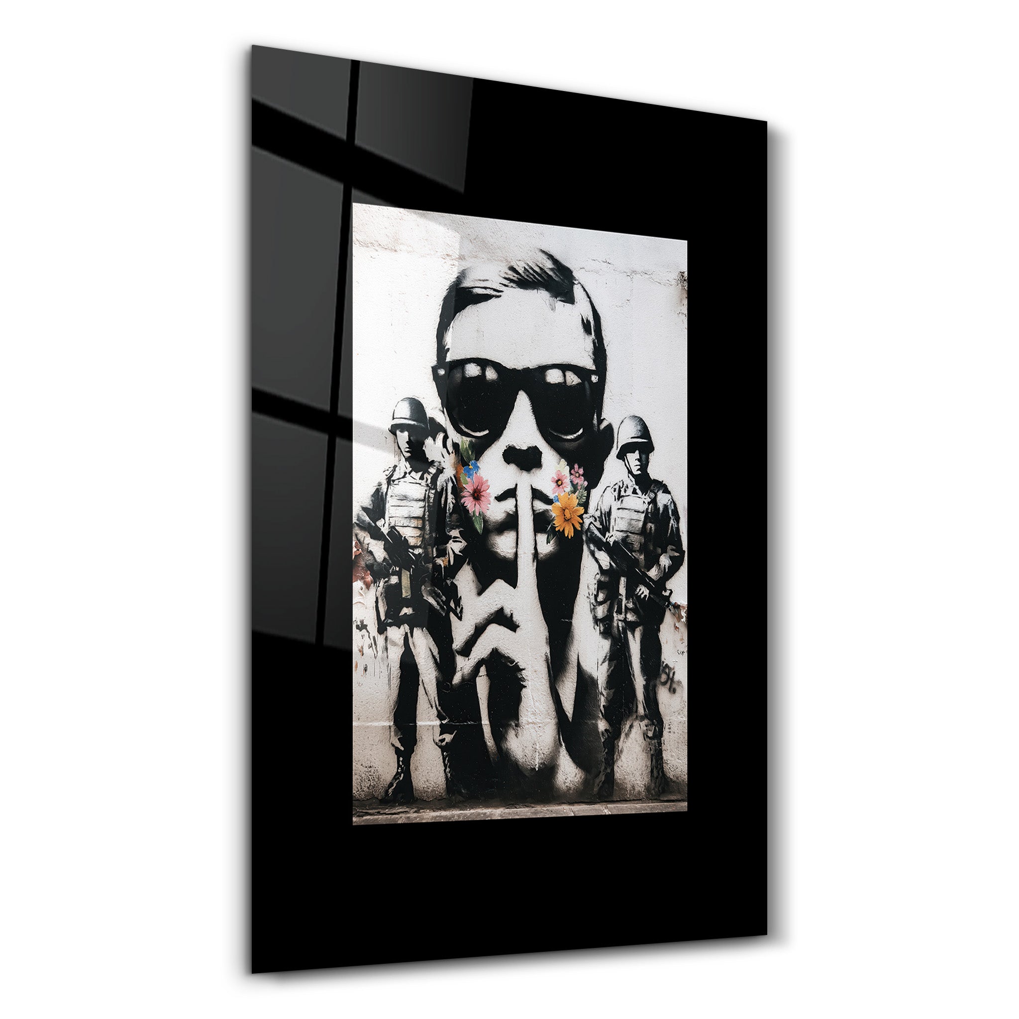 Glass wall art titled Silent Rebellion by Artdesigna featuring urban protest street art in vibrant colors on clear glass.