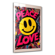 Colorful glass wall art featuring graffiti-style "Peace Love Pop" smile design by Artdesigna, vibrant and decorative wall decor.