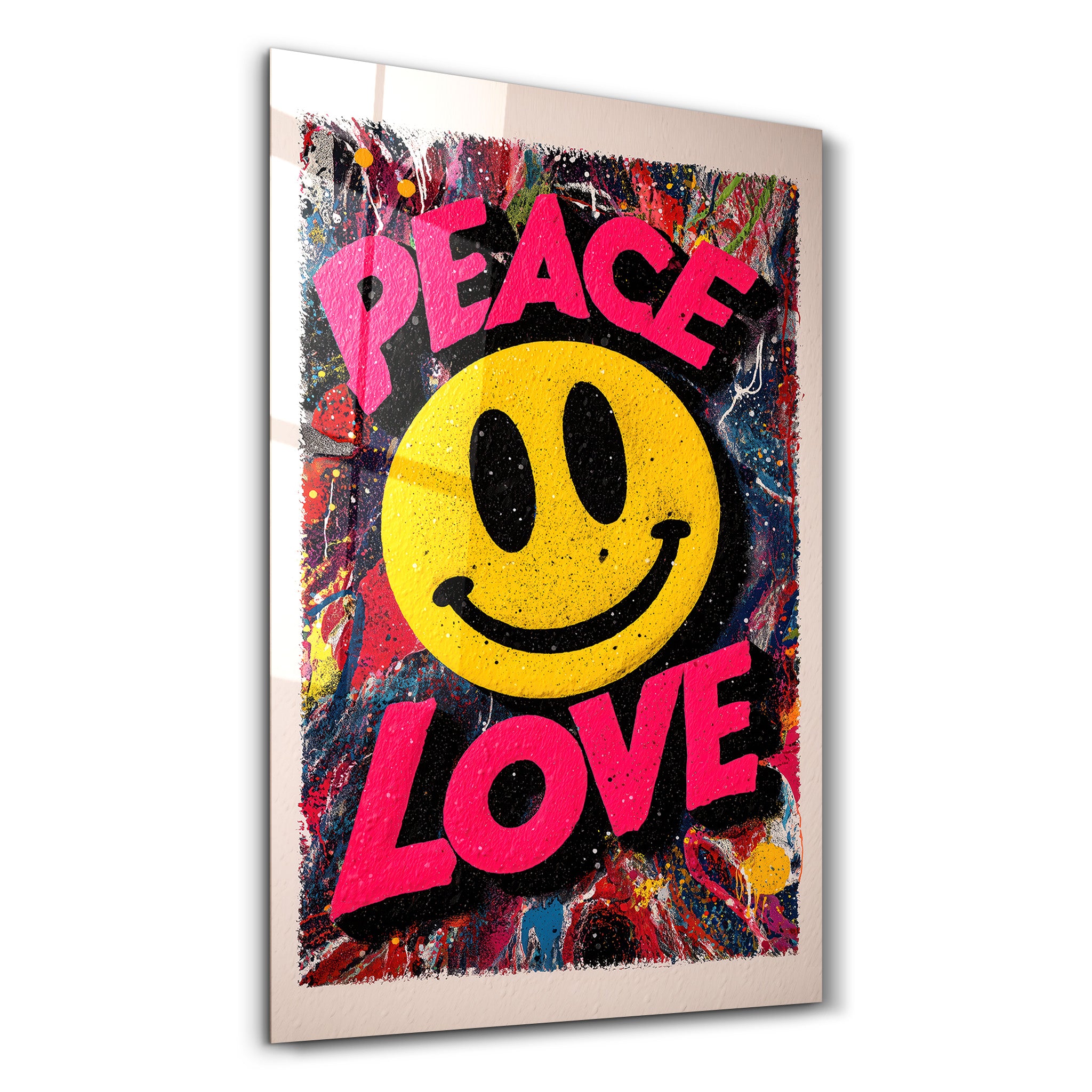 Colorful glass wall art featuring graffiti-style "Peace Love Pop" smile design by Artdesigna, vibrant and decorative wall decor.
