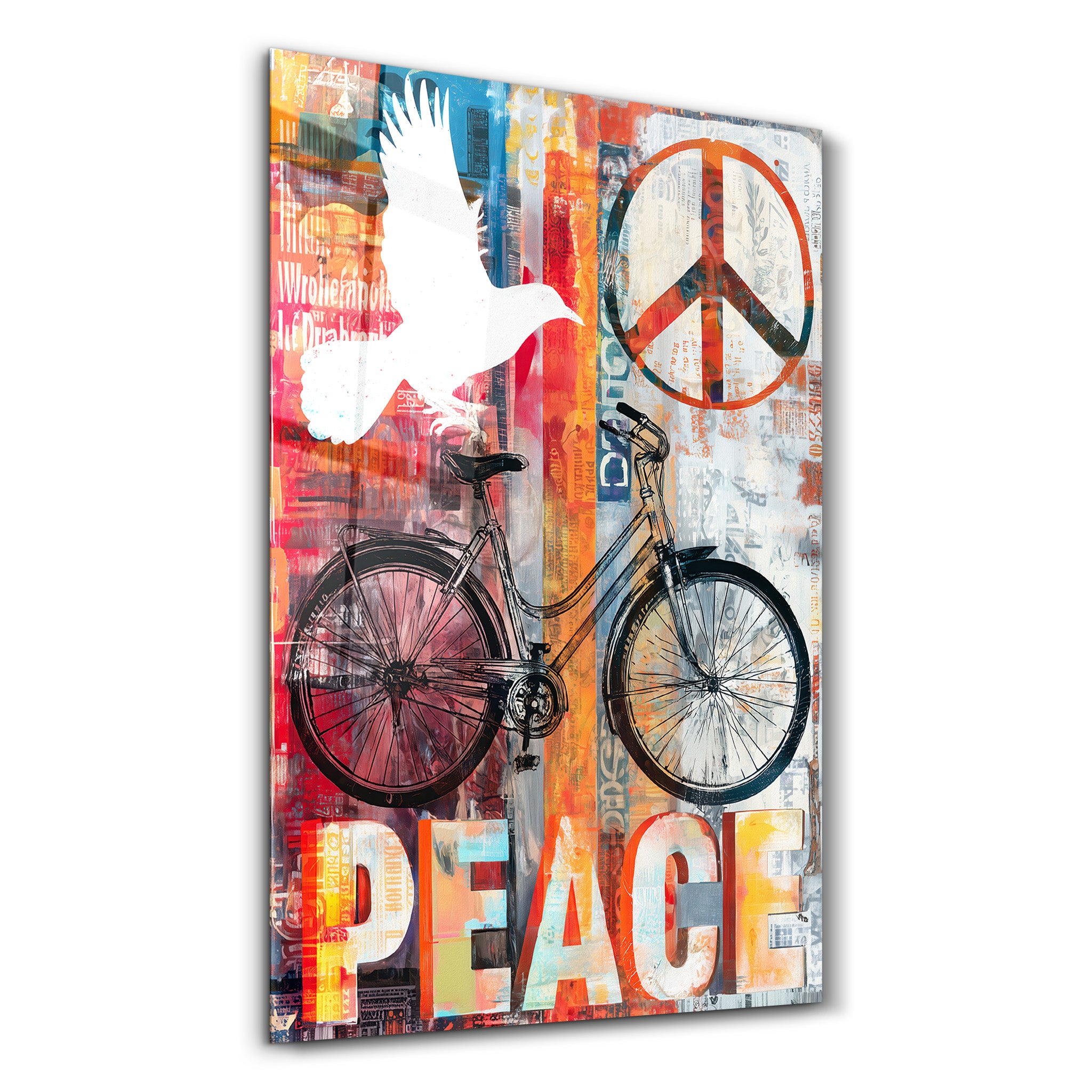 Glass wall art featuring a Peace Ride urban bicycle collage, designed by Artdesigna, displayed on a wall.