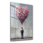Blooming Heart romantic urban glass wall art by Artdesigna featuring vibrant floral design on clear glass panel.