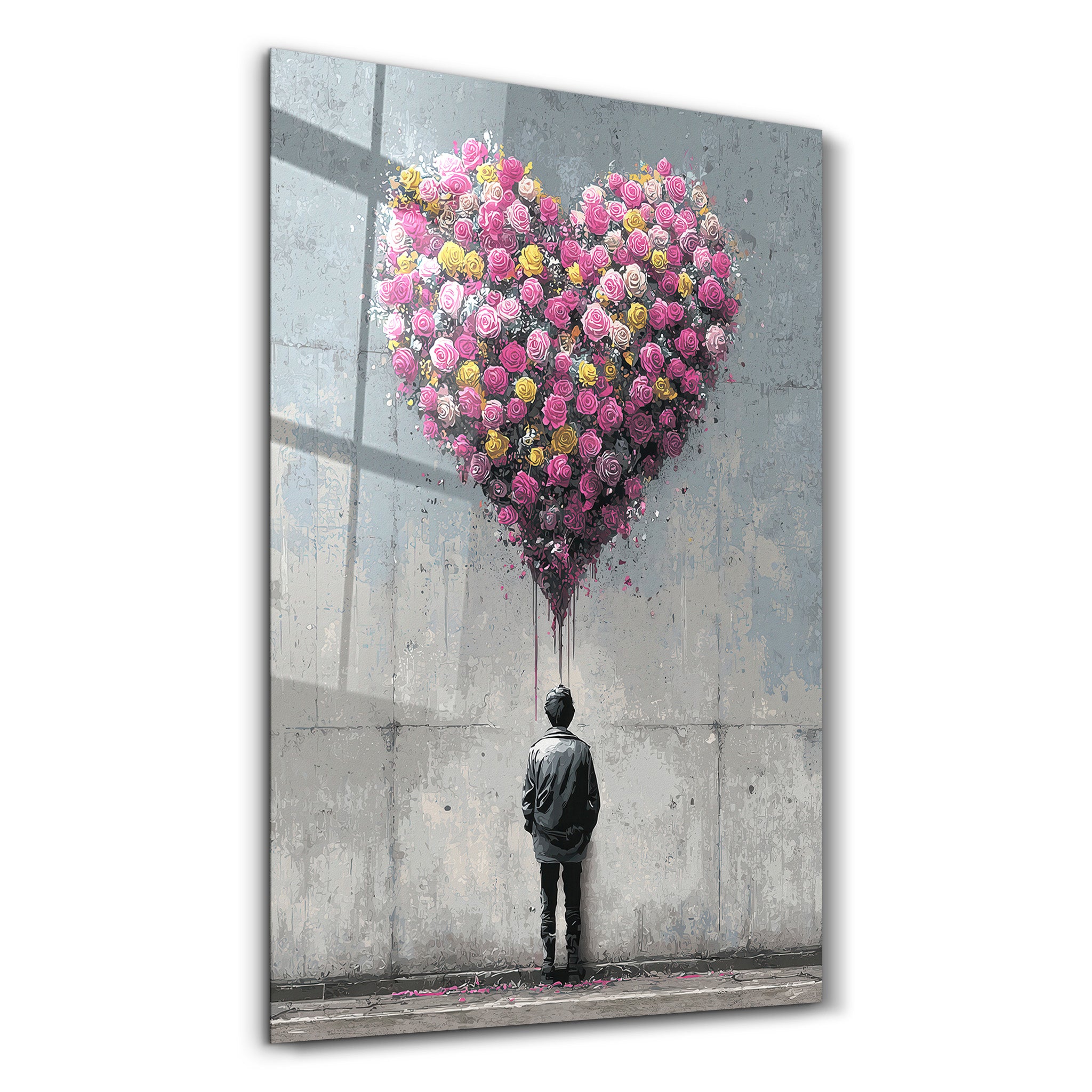 Blooming Heart romantic urban glass wall art by Artdesigna featuring vibrant floral design on clear glass panel.