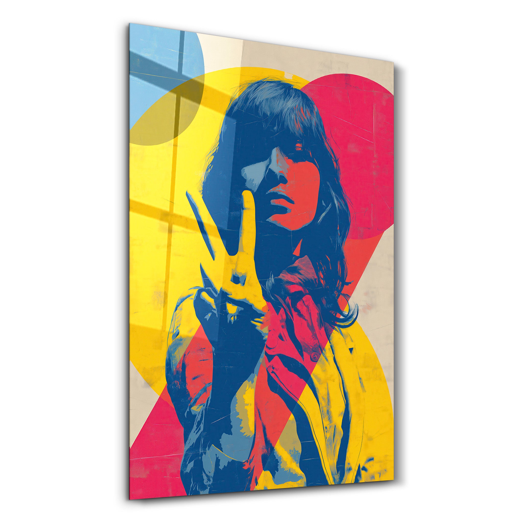 Colorful bold pop portrait glass wall art by Artdesigna featuring vibrant abstract face design.