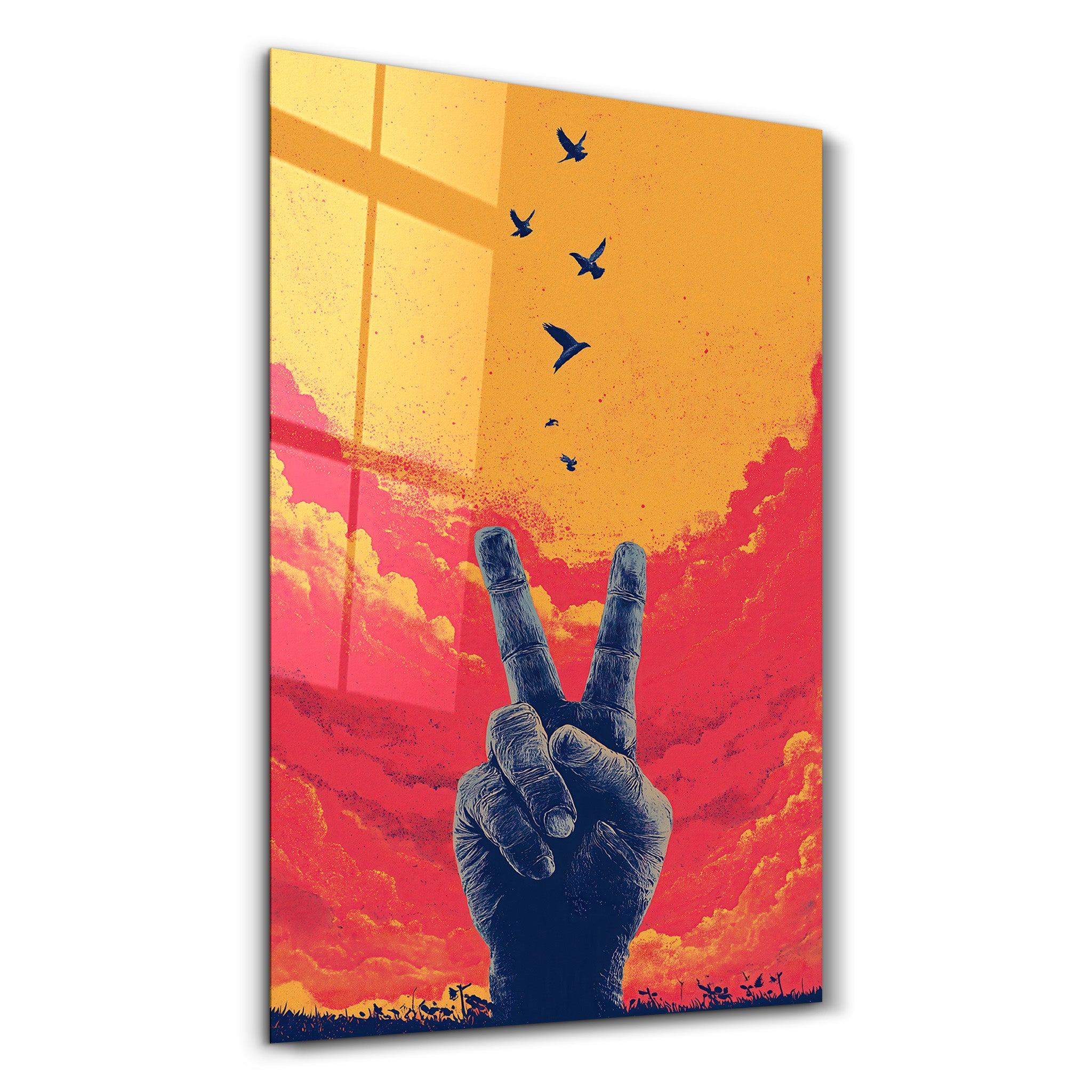 Glass wall art titled Peace Rising – Sunset Freedom by Artdesigna featuring vibrant sunset colors and abstract design on glass.