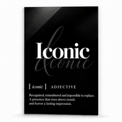Iconic Definition glass wall art by Artdesigna, black and white typography print