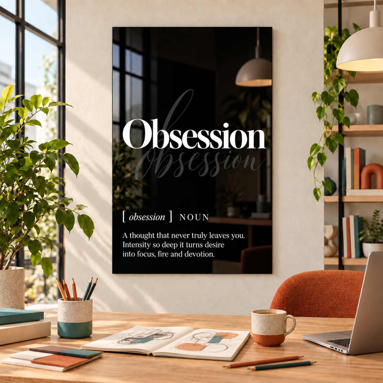 Obsession Definition glass wall art by Artdesigna, black and white typography print in a home office