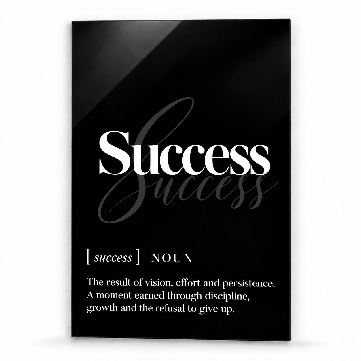 Success Definition glass wall art by Artdesigna, black and white typography print