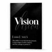 Vision Definition glass wall art by Artdesigna, black and white typography print