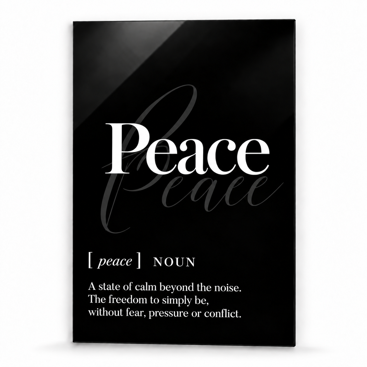 Peace Definition glass wall art by Artdesigna, black and white typography print