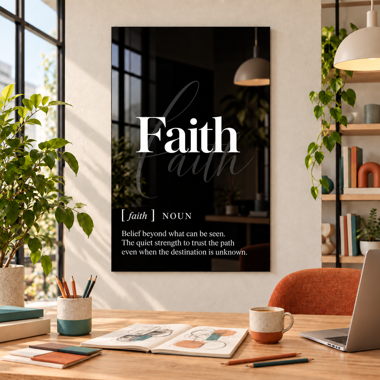 Faith Definition glass wall art by Artdesigna, black and white typography print in a home office