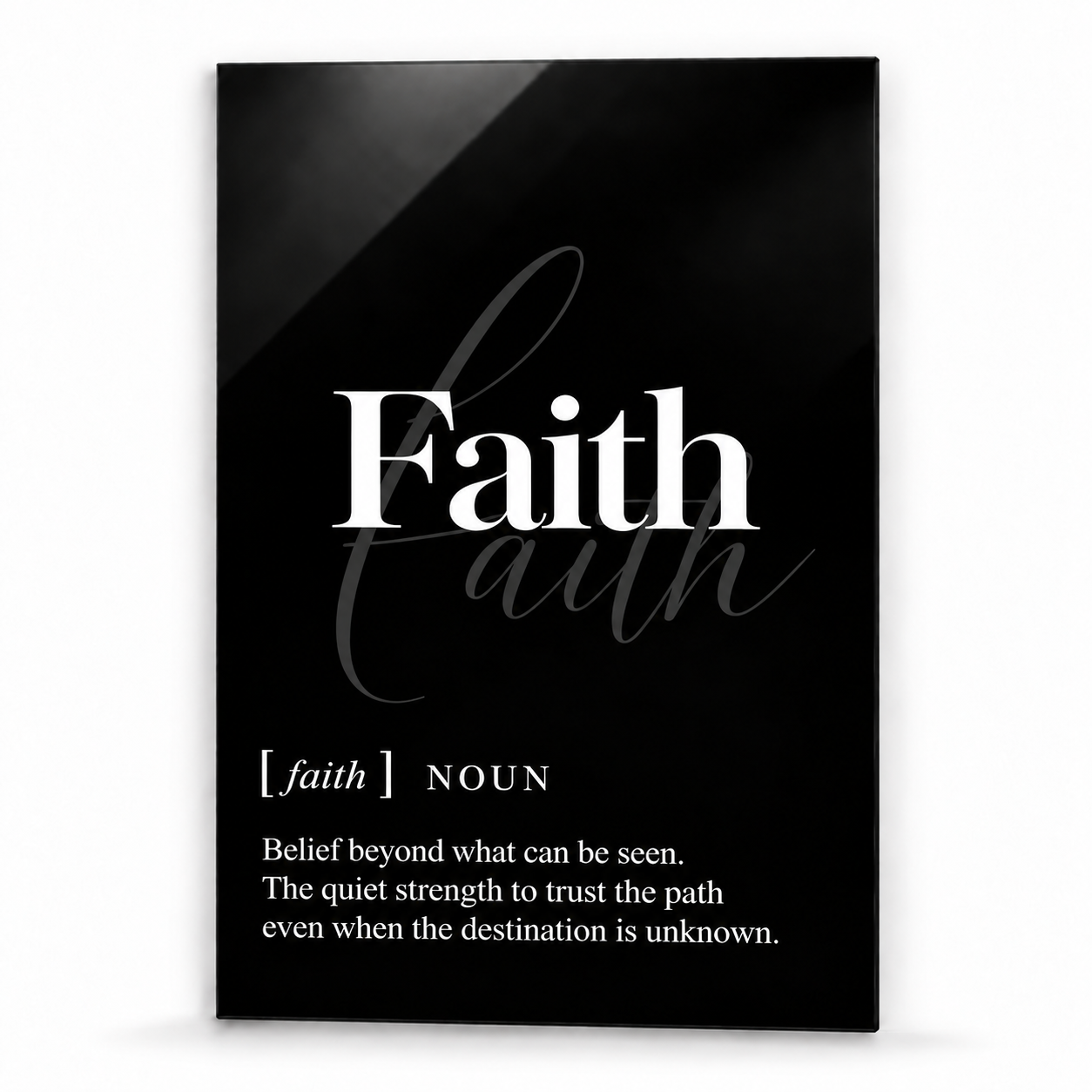 Faith Definition glass wall art by Artdesigna, black and white typography print