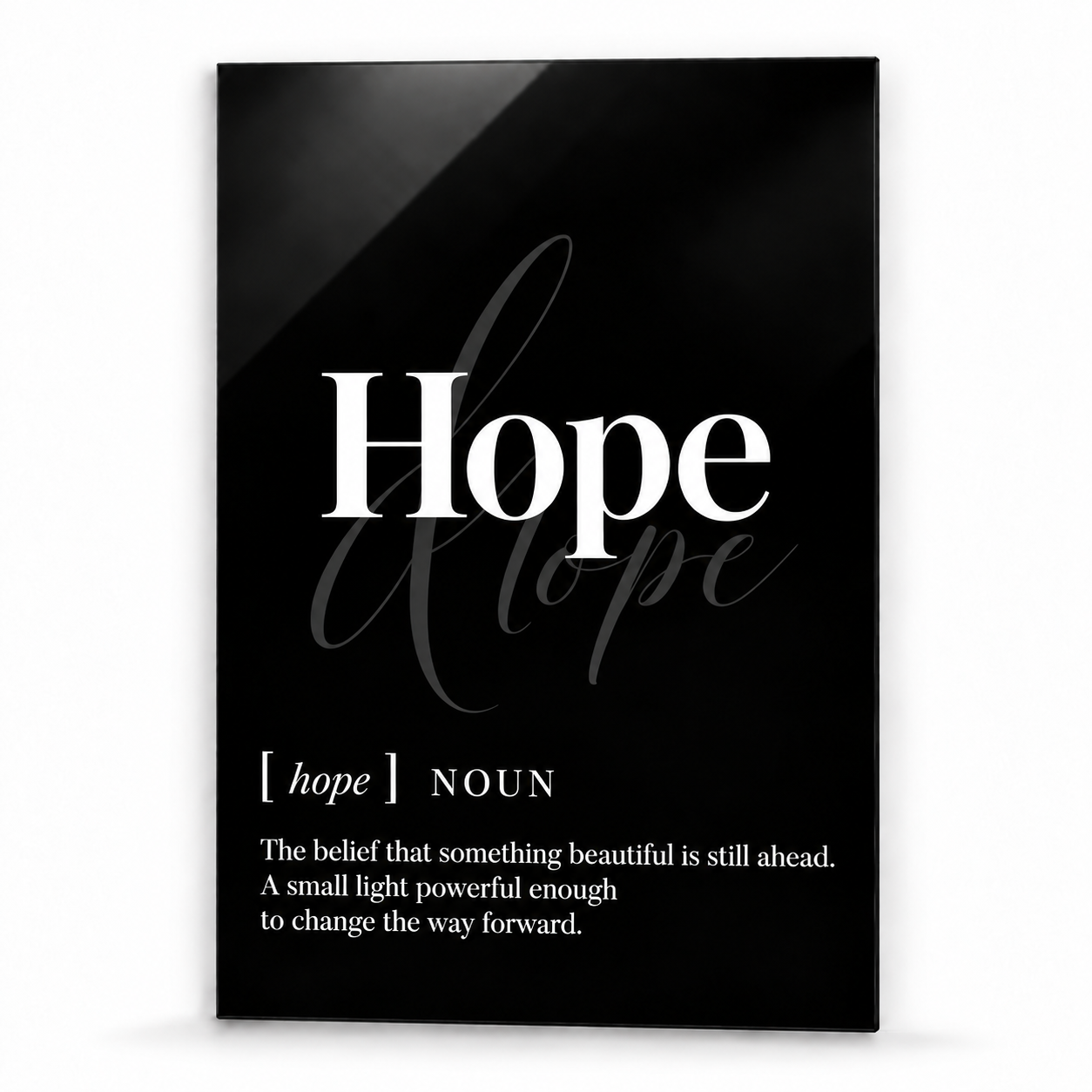Hope Definition glass wall art by Artdesigna, black and white typography print