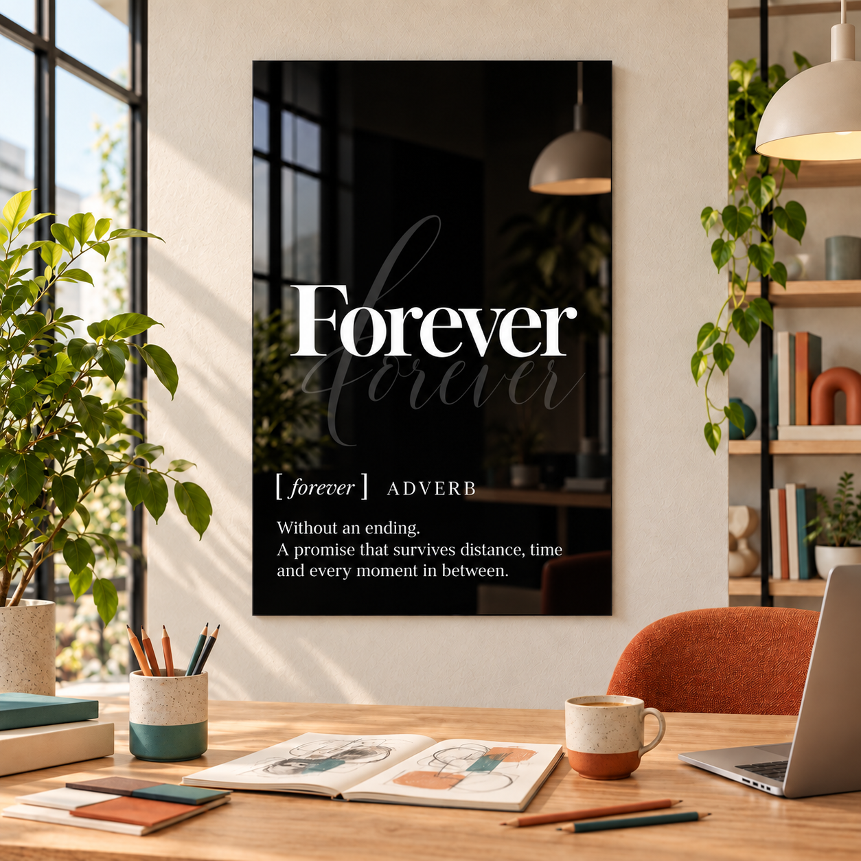 Forever Definition glass wall art by Artdesigna, black and white typography print in a home office