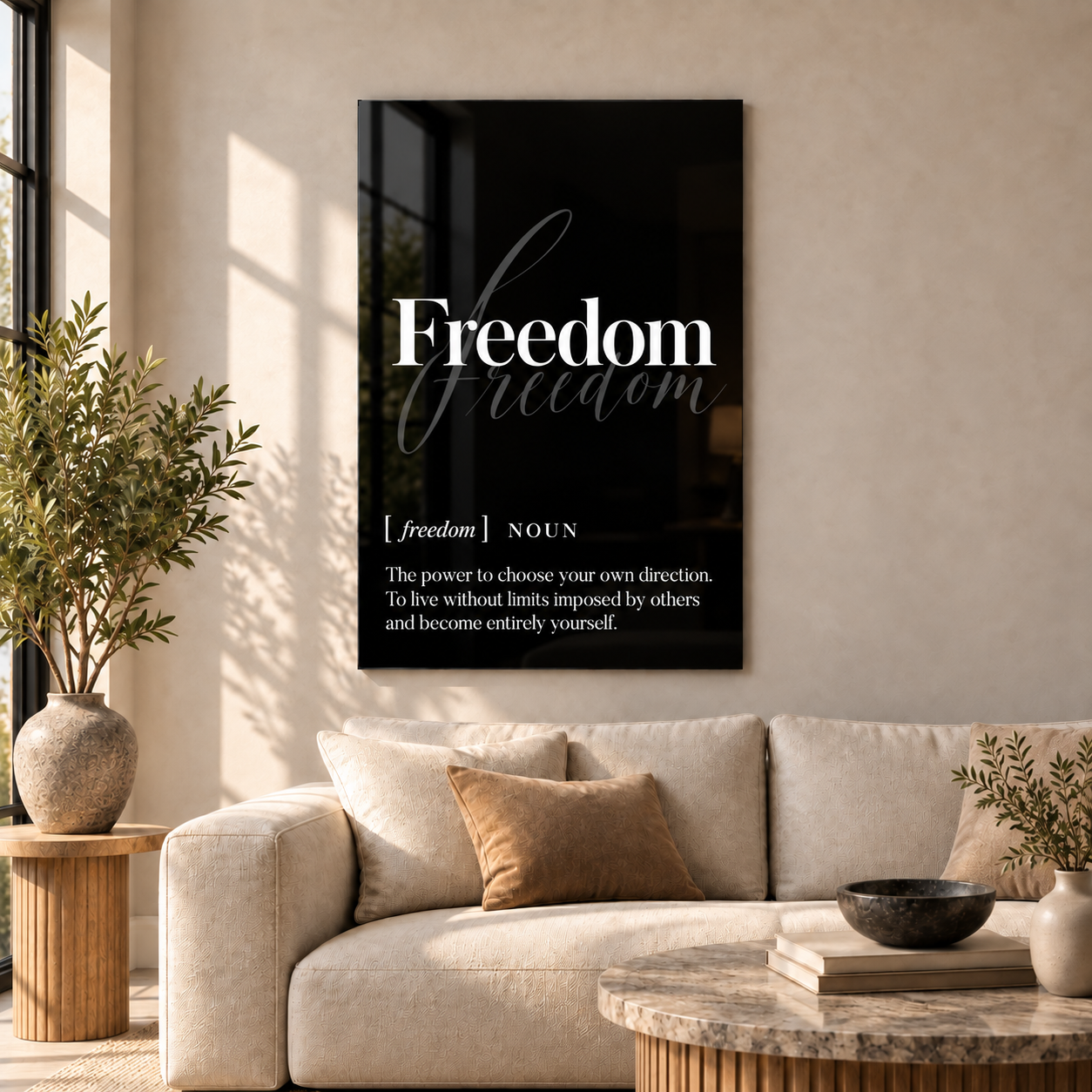 Freedom Definition glass wall art by Artdesigna, black and white typography print in a living room